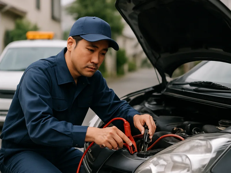 現場でバッテリーをつなぐ自動車技師