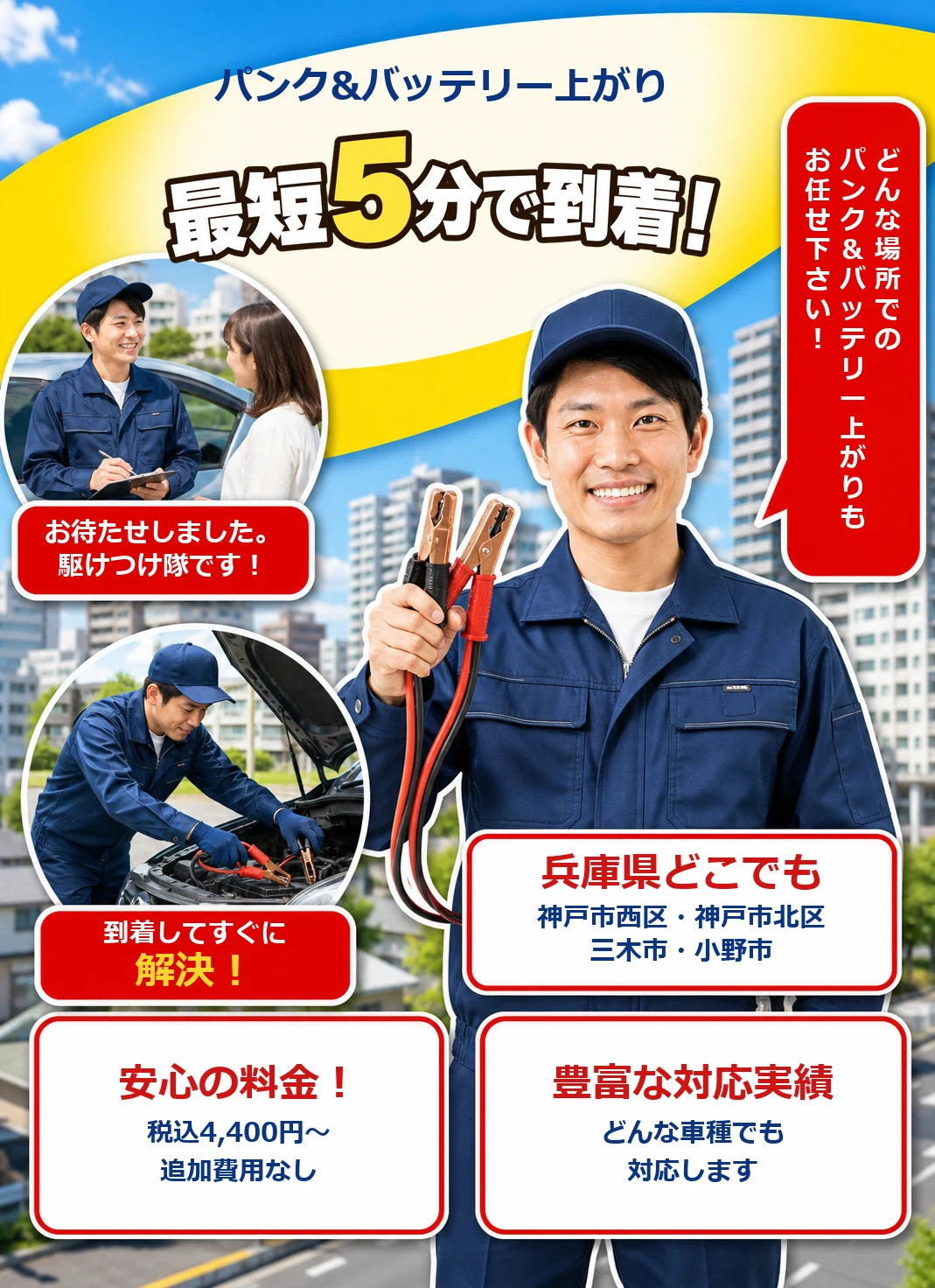 パンク&バッテリー上がり 最短5分で到着！ 兵庫県 神戸市(西区・北区)・三木市・小野市どこでも 税込4,400円〜 追加費用なし どんな車種でも対応します